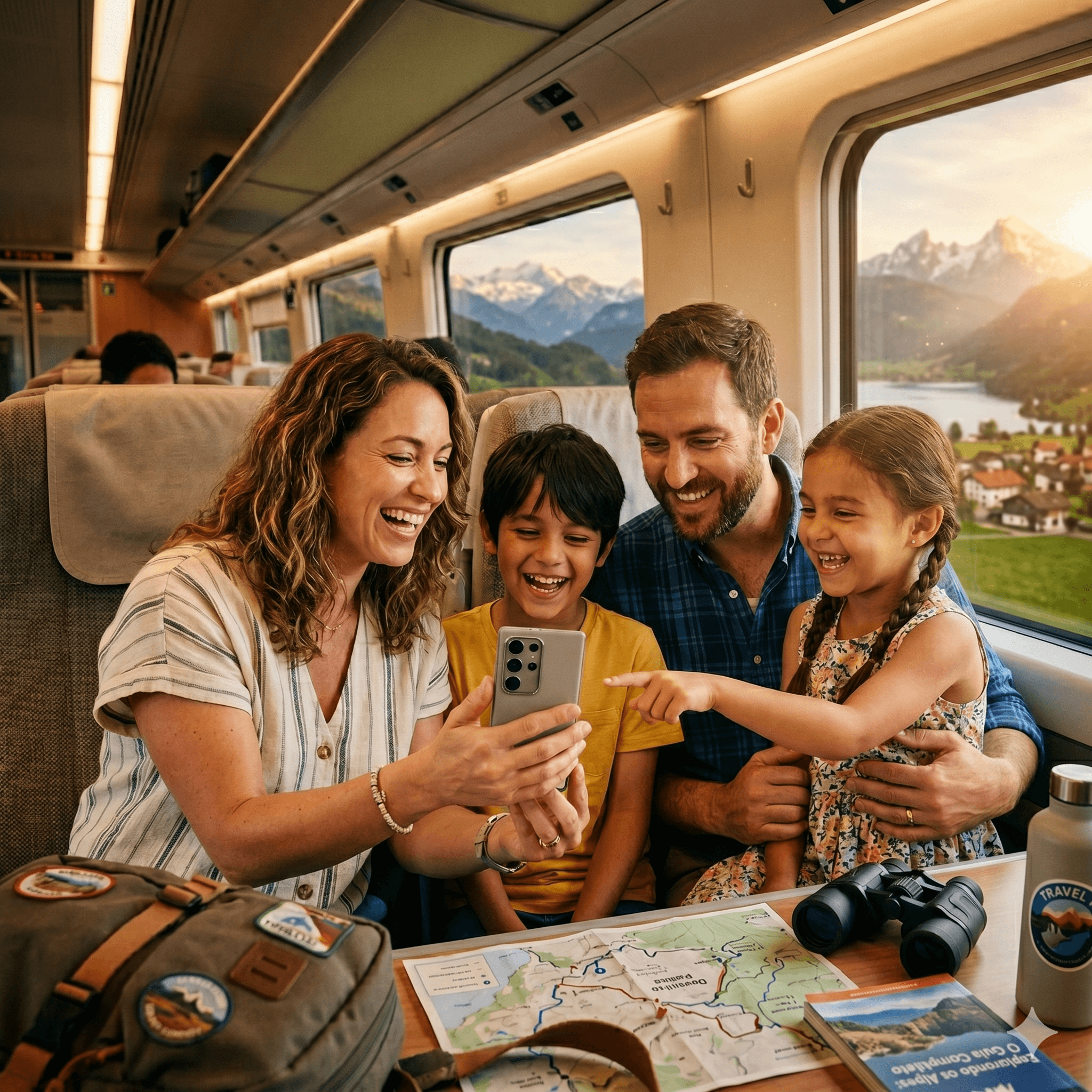 Família conectada usando o celular durante uma viagem de trem